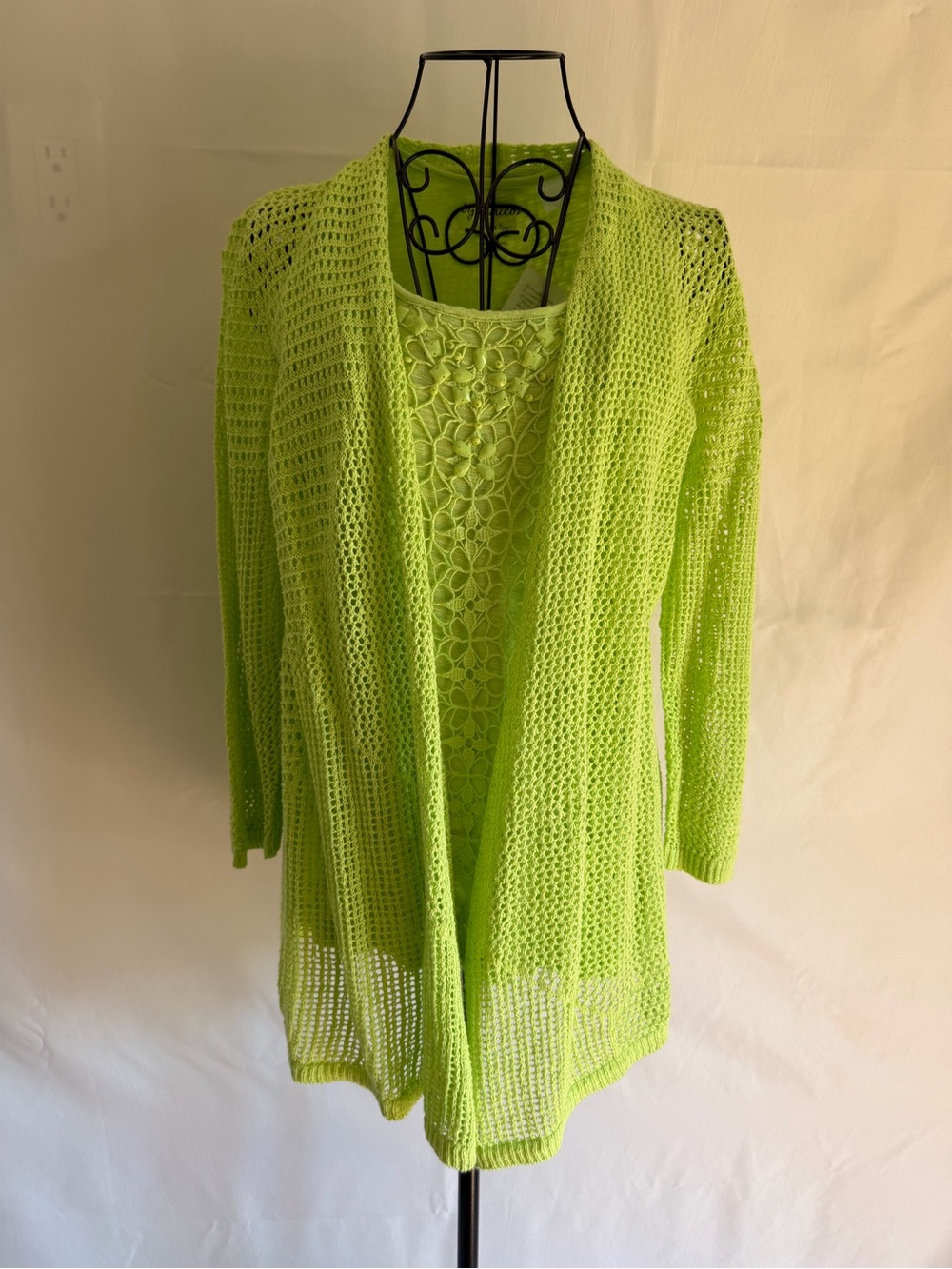 Bundle: Chico's Open-Knit Lime Green Cardigan with Crochet Lace Front Top.